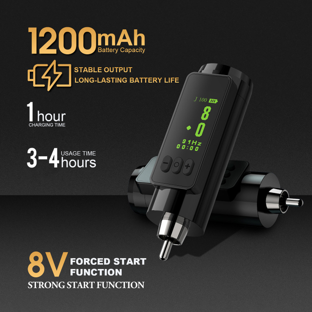 Fuente de alimentación profesional para tatuajes Mini RCA de 1200 mAh: batería de larga duración para un rendimiento óptimo